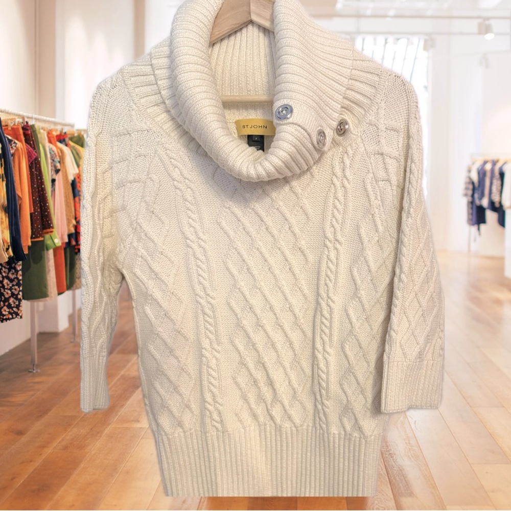 St. John White Cowl Neck Cable Knit Sweater